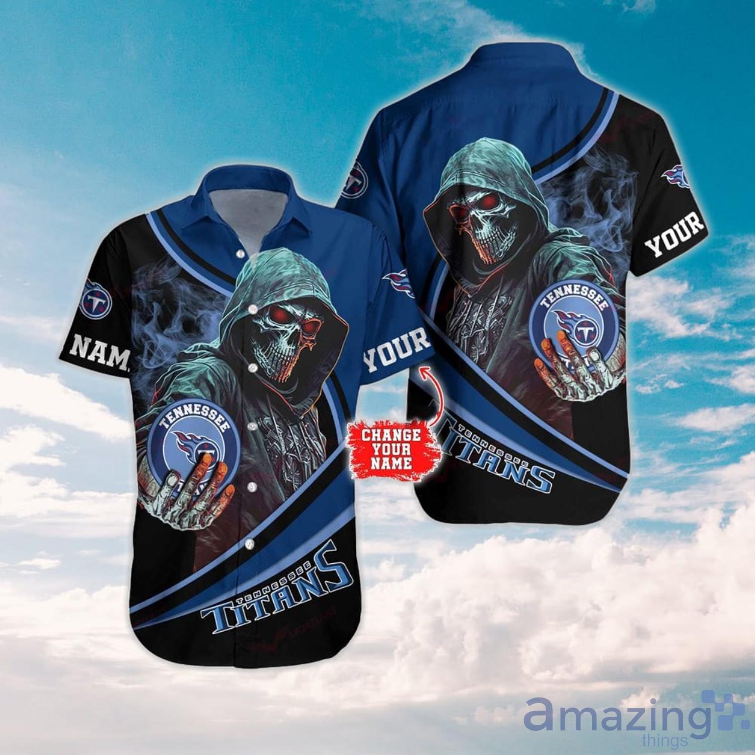 NFL Tennessee Titans Hawaiian Shirt Custom Name Halloween Skull Gift For Sport Fans image NFL Tennessee Titans Hawaiian Shirt Custom Name Halloween Skull Gift For Sport Fans Product Photo 1