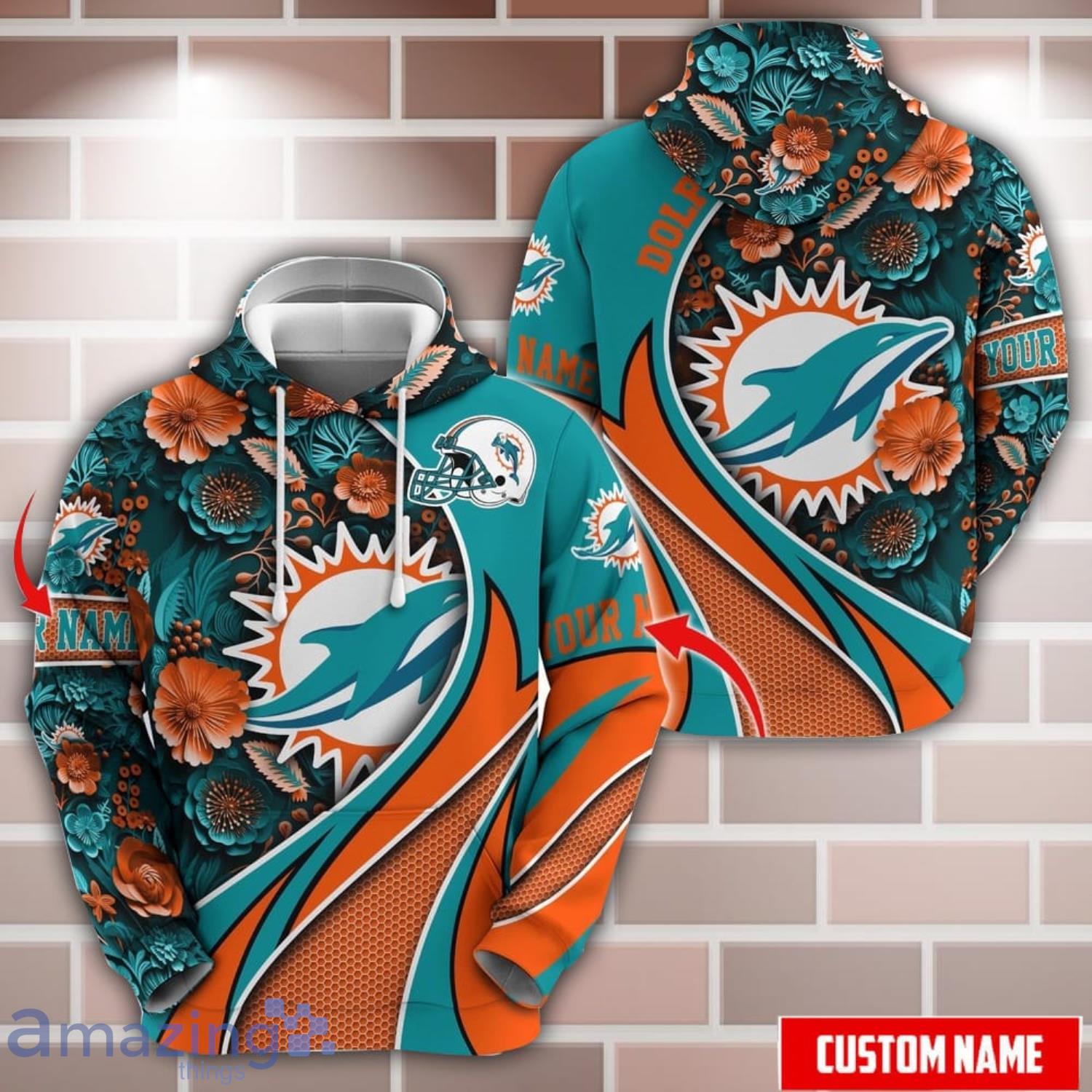 Personalized Name NFL Miami Dolphins Flower Pattern 3D Hoodie image Personalized Name NFL Miami Dolphins Flower Pattern 3D Hoodie Product Photo 1