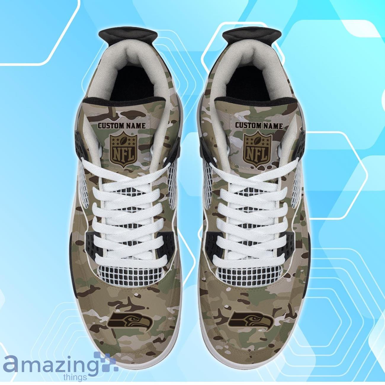 Seattle Seahawks NFL Camo Custom Name Air Jordan 4 For Fans image Seattle Seahawks NFL Camo Custom Name Air Jordan 4 For Fans Product Photo 3