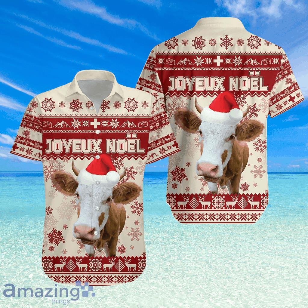 Switzerland Christmas Relaxed Hawaiian Shirt Swiss Cow Beige Red image Switzerland Christmas Relaxed Hawaiian Shirt Swiss Cow Beige Red Product Photo 1