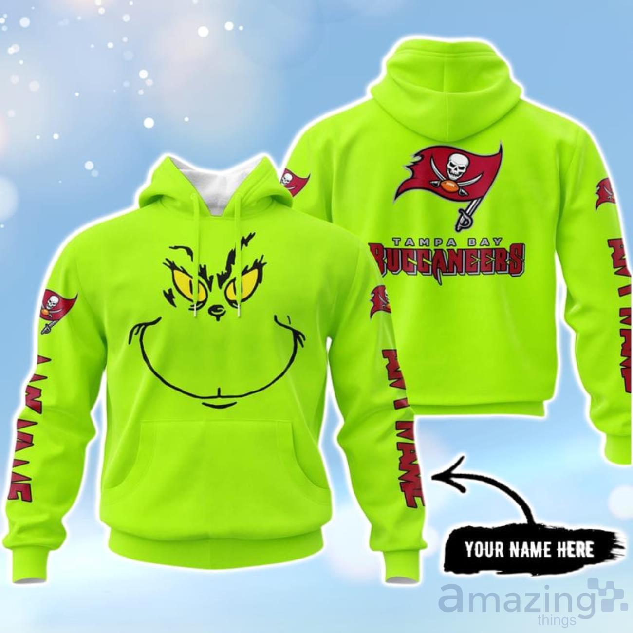 Tampa Bay Buccaneers Grinch Custom Name Hoodie Unisex Neon Green Color image Tampa Bay Buccaneers Grinch Custom Name Hoodie Unisex Neon Green Color Product Photo 1