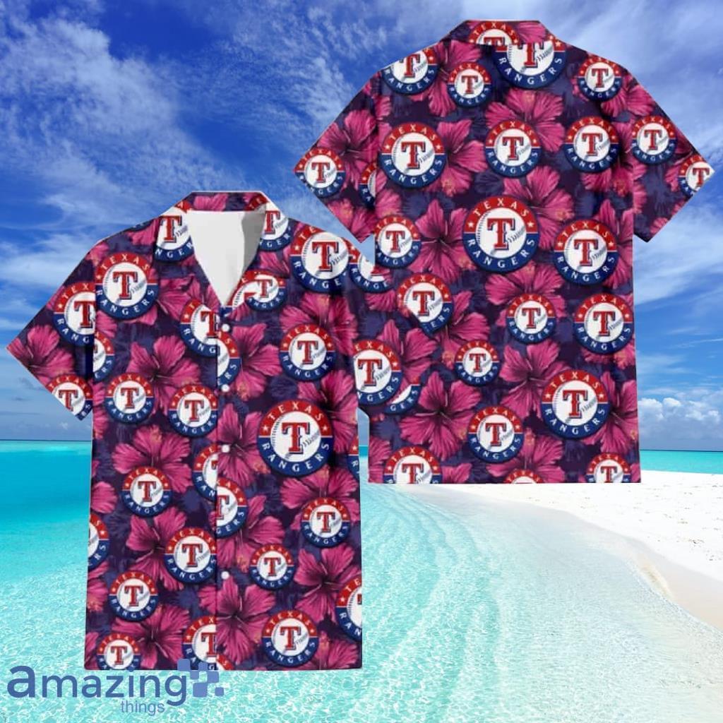 Texas Rangers Plum Vilolet Hibiscus Dark Navy Leaf Black Hawaiian Shirt image Texas Rangers Plum Vilolet Hibiscus Dark Navy Leaf Black Hawaiian Shirt Product Photo 1