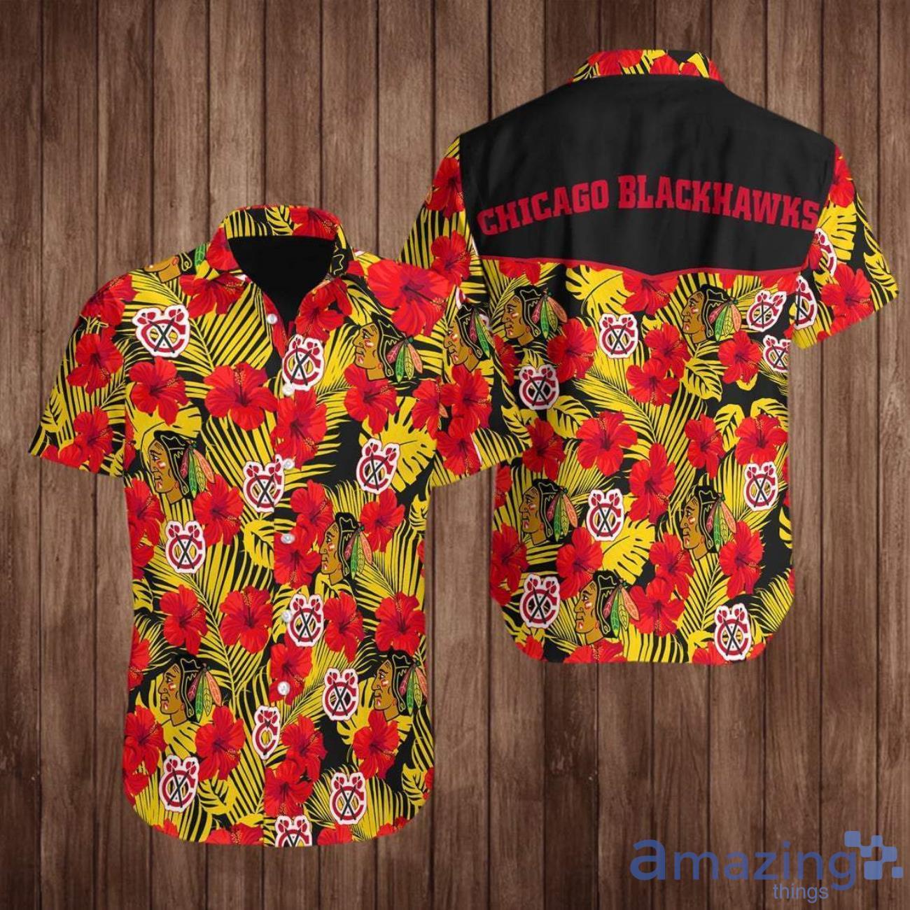 Chicago Blackhawks Ice hockey Team Aloha Beach Gift 3D Hawaiian Flower Summer Shirt image Chicago Blackhawks Ice hockey Team Aloha Beach Gift 3D Hawaiian Flower Summer Shirt Product Photo 1