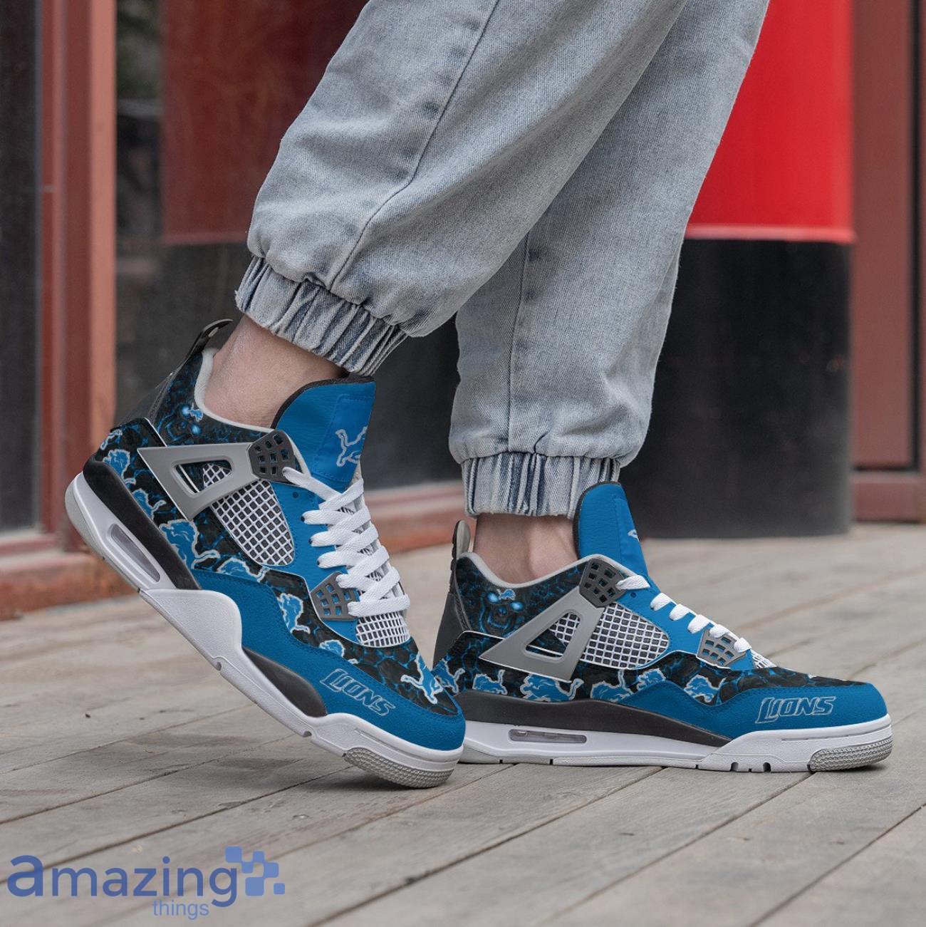 Detroit Lions Logo Team Printed Air Jordan 4 Sneakers Men Women Sneakers image Detroit Lions Logo Team Printed Air Jordan 4 Sneakers Men Women Sneakers Product Photo 2