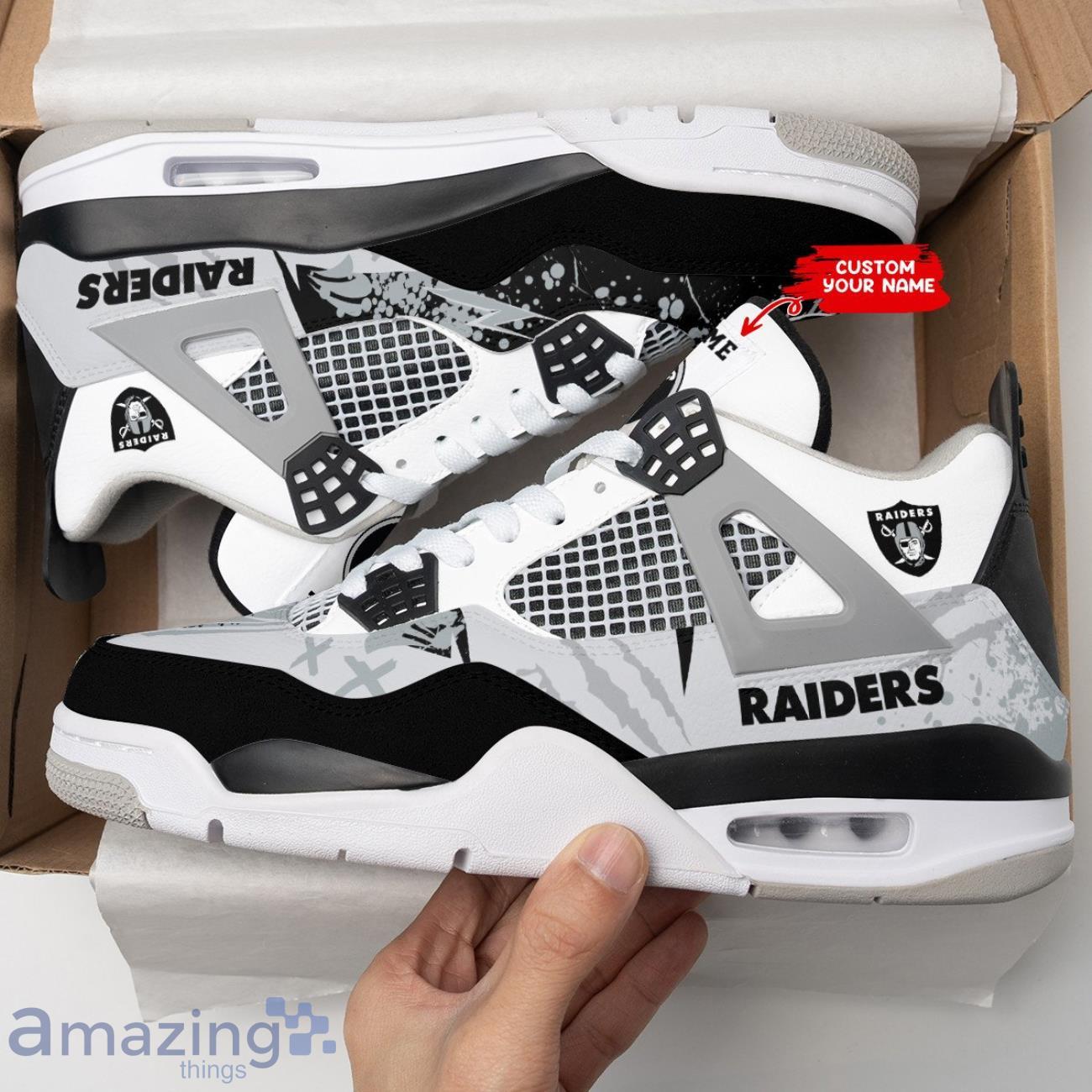 Las Vegas Raiders Personalized Name Air Jordan 4 Sneakers Men Women Sneakers Las Vegas Raiders Team Shoes image Las Vegas Raiders Personalized Name Air Jordan 4 Sneakers Men Women Sneakers Las Vegas Raiders Team Shoes Product Photo 2