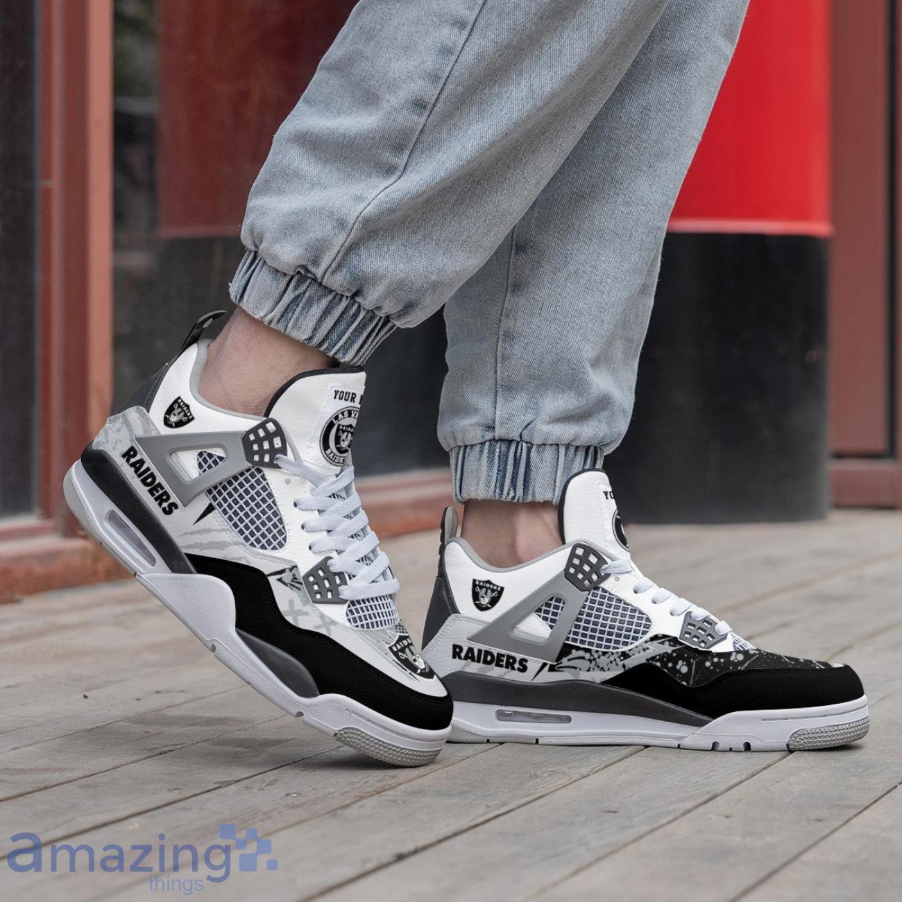 Las Vegas Raiders Personalized Name Air Jordan 4 Sneakers Men Women Sneakers Las Vegas Raiders Team Shoes image Las Vegas Raiders Personalized Name Air Jordan 4 Sneakers Men Women Sneakers Las Vegas Raiders Team Shoes Product Photo 3