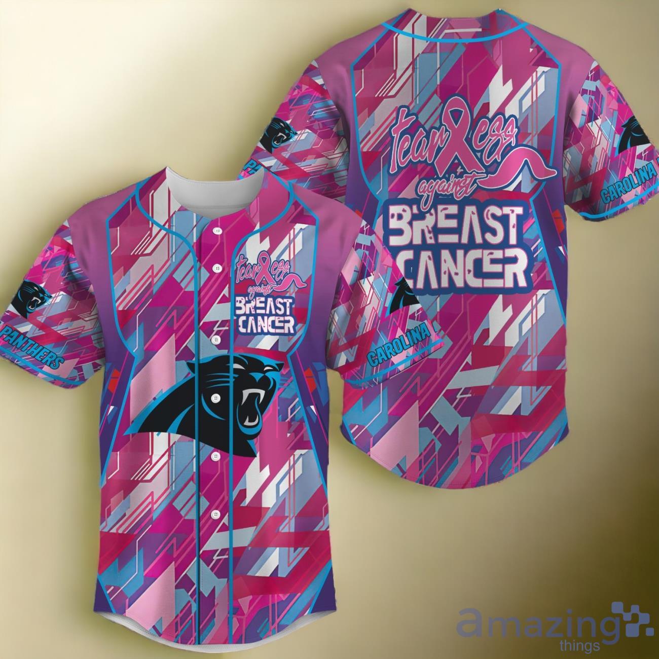 NFL Carolina Panthers Pink Can Fearless Again Breast Cancer Baseball Jersey image NFL Carolina Panthers Pink Can Fearless Again Breast Cancer Baseball Jersey Product Photo 1