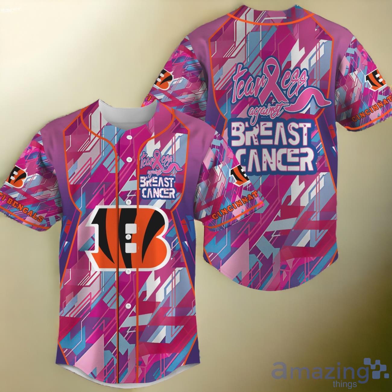 NFL Cincinnati Bengals Pink Can Fearless Again Breast Cancer Baseball Jersey image NFL Cincinnati Bengals Pink Can Fearless Again Breast Cancer Baseball Jersey Product Photo 1