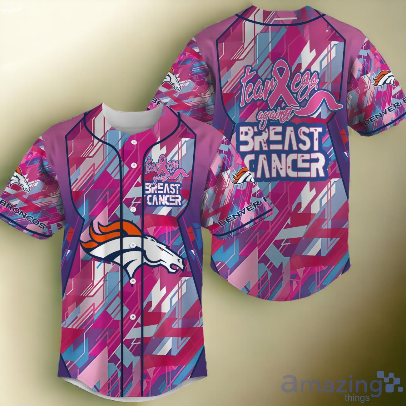 NFL Denver Broncos Pink Can Fearless Again Breast Cancer Baseball Jersey image NFL Denver Broncos Pink Can Fearless Again Breast Cancer Baseball Jersey Product Photo 1