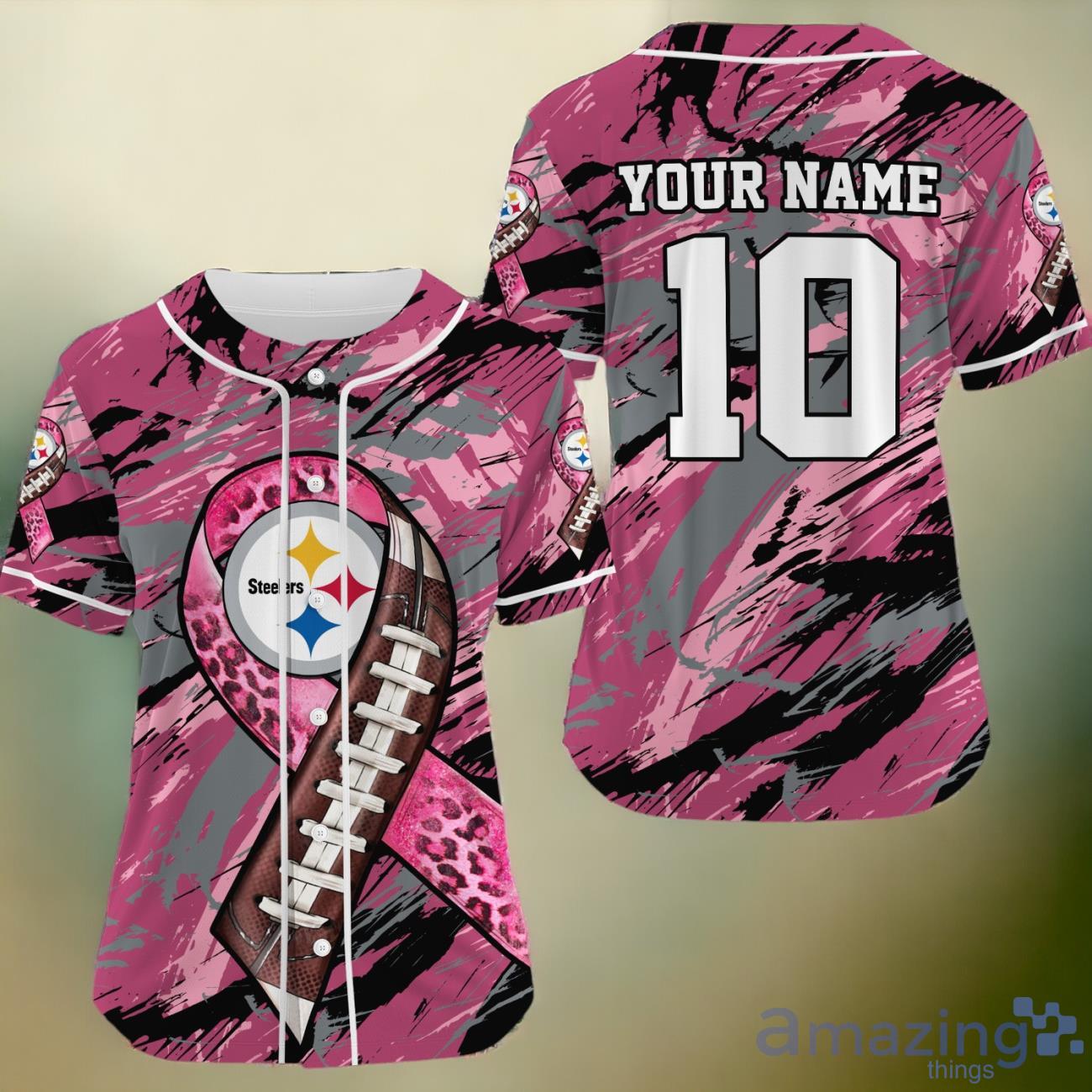 NFL Pittsburgh Steelers Fights Against Cancer Custom Name And Number Baseball Jersey image NFL Pittsburgh Steelers Fights Against Cancer Custom Name And Number Baseball Jersey Product Photo 1