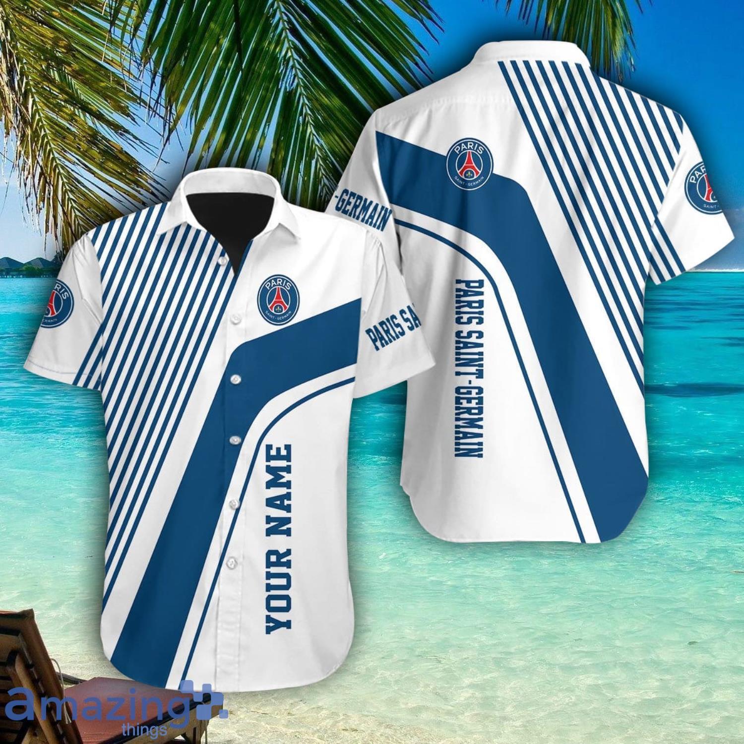 Paris Saint Germain Personalized Name Hawaiian Shirt Summer Team Shirt image Paris Saint-Germain Personalized Name Hawaiian Shirt Summer Team Shirt Product Photo 1