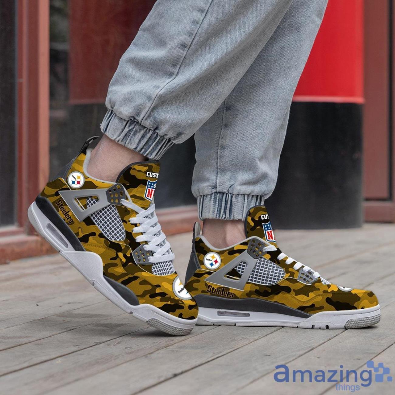 Personalized Name Pittsburgh Steelers Camo Personalized Air Jordan 4 Shoes Trending Men Women SneakersLogo Sport Team Shoes image Personalized Name Pittsburgh Steelers Camo Personalized Air Jordan 4 Shoes Trending Men Women SneakersLogo Sport Team Shoes Product Photo 2