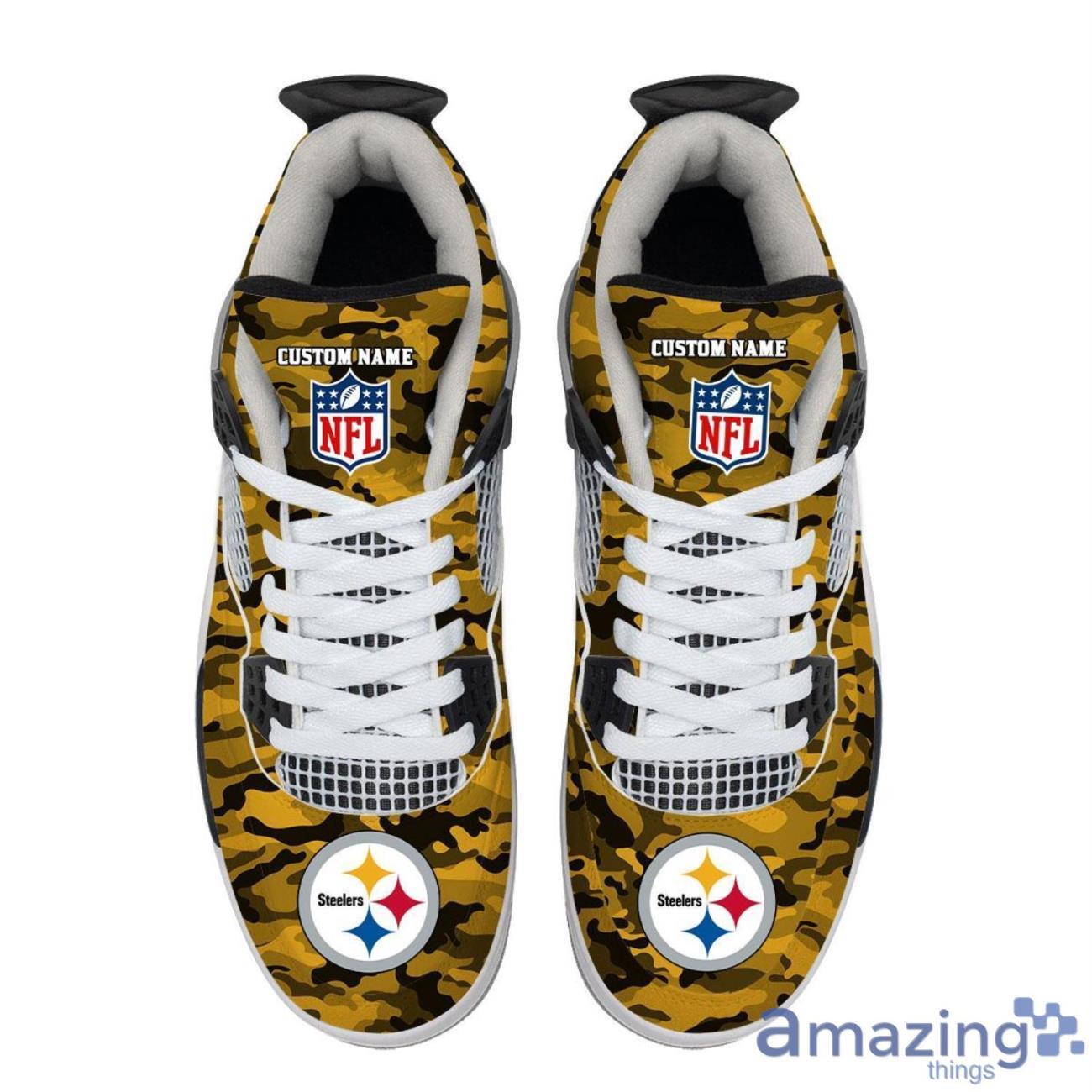 Personalized Name Pittsburgh Steelers Camo Personalized Air Jordan 4 Shoes Trending Men Women SneakersLogo Sport Team Shoes image Personalized Name Pittsburgh Steelers Camo Personalized Air Jordan 4 Shoes Trending Men Women SneakersLogo Sport Team Shoes Product Photo 3