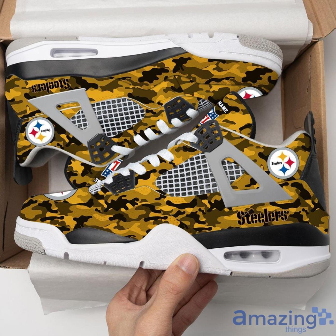 Personalized Name Pittsburgh Steelers Camo Personalized Air Jordan 4 Shoes Trending Men Women SneakersLogo Sport Team Shoes image Personalized Name Pittsburgh Steelers Camo Personalized Air Jordan 4 Shoes Trending Men Women SneakersLogo Sport Team Shoes Product Photo 1