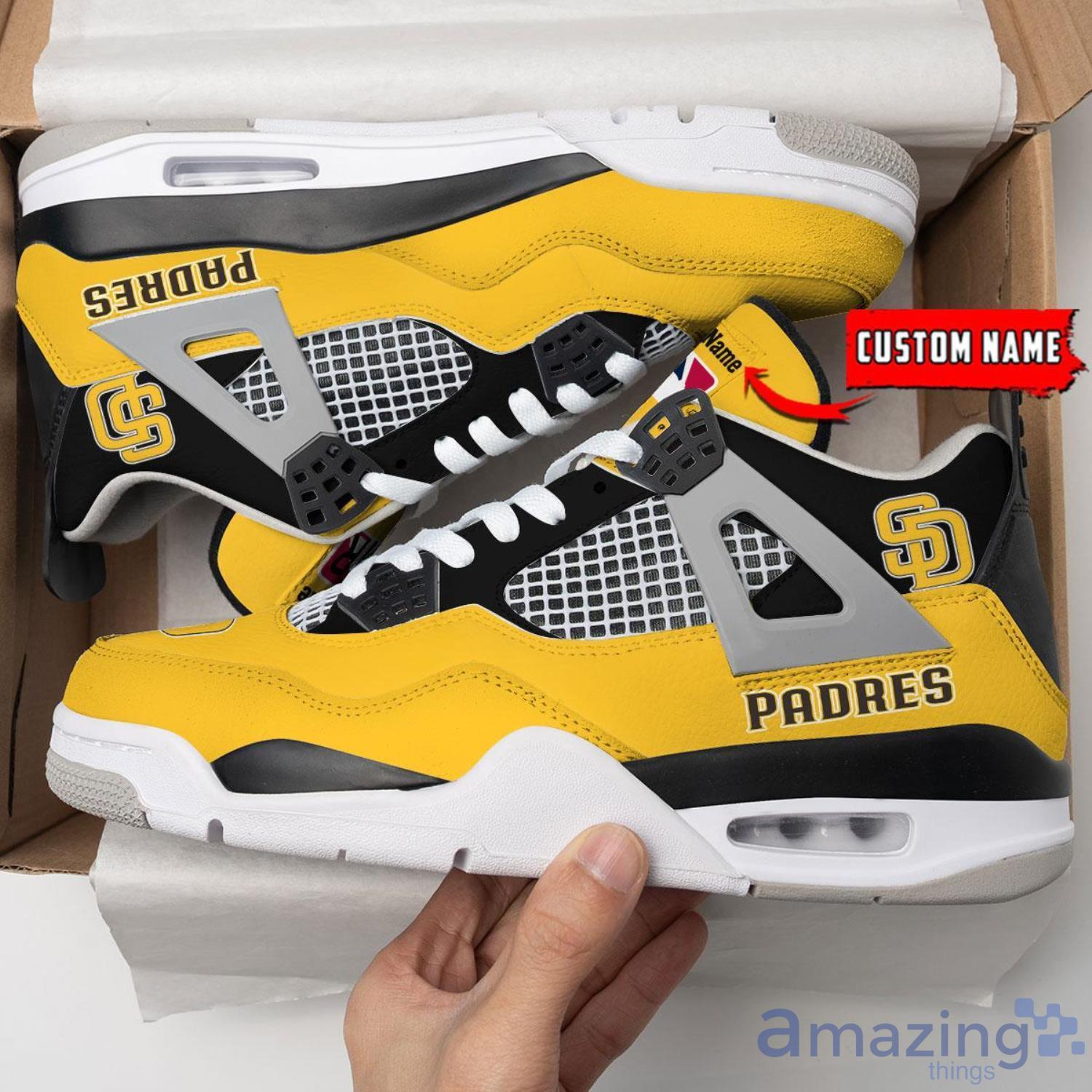 Personalized Name San Diego Padres Personalized Air Jordan 4 Shoes Trending Men Women Sneakers Sport Fans Gift image Personalized Name San Diego Padres Personalized Air Jordan 4 Shoes Trending Men Women Sneakers Sport Fans Gift Product Photo 1