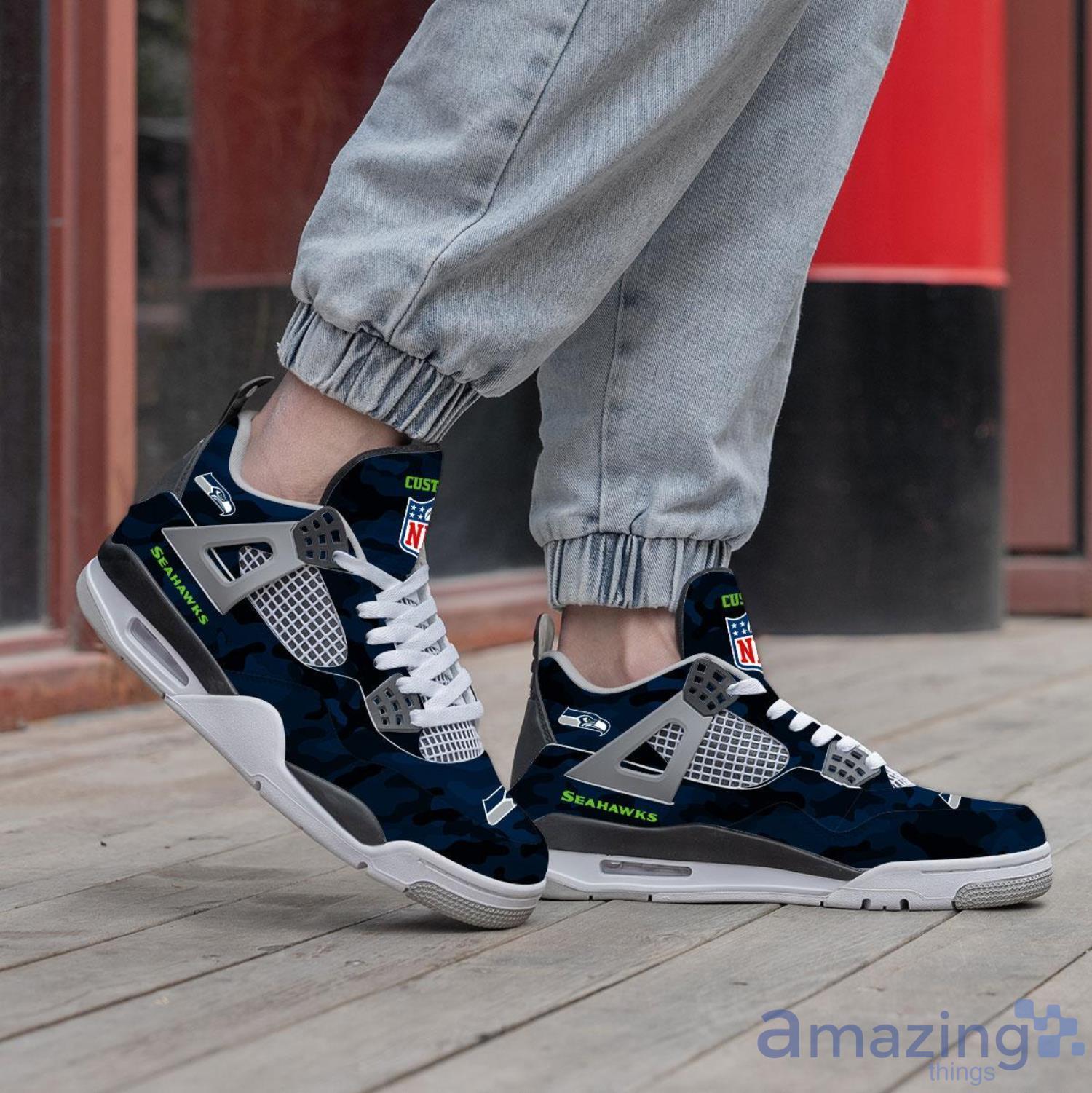 Personalized Name Seattle Seahawks Camo Personalized Air Jordan 4 Shoes Trending Men Women SneakersLogo Sport Team Shoes image Personalized Name Seattle Seahawks Camo Personalized Air Jordan 4 Shoes Trending Men Women SneakersLogo Sport Team Shoes Product Photo 2