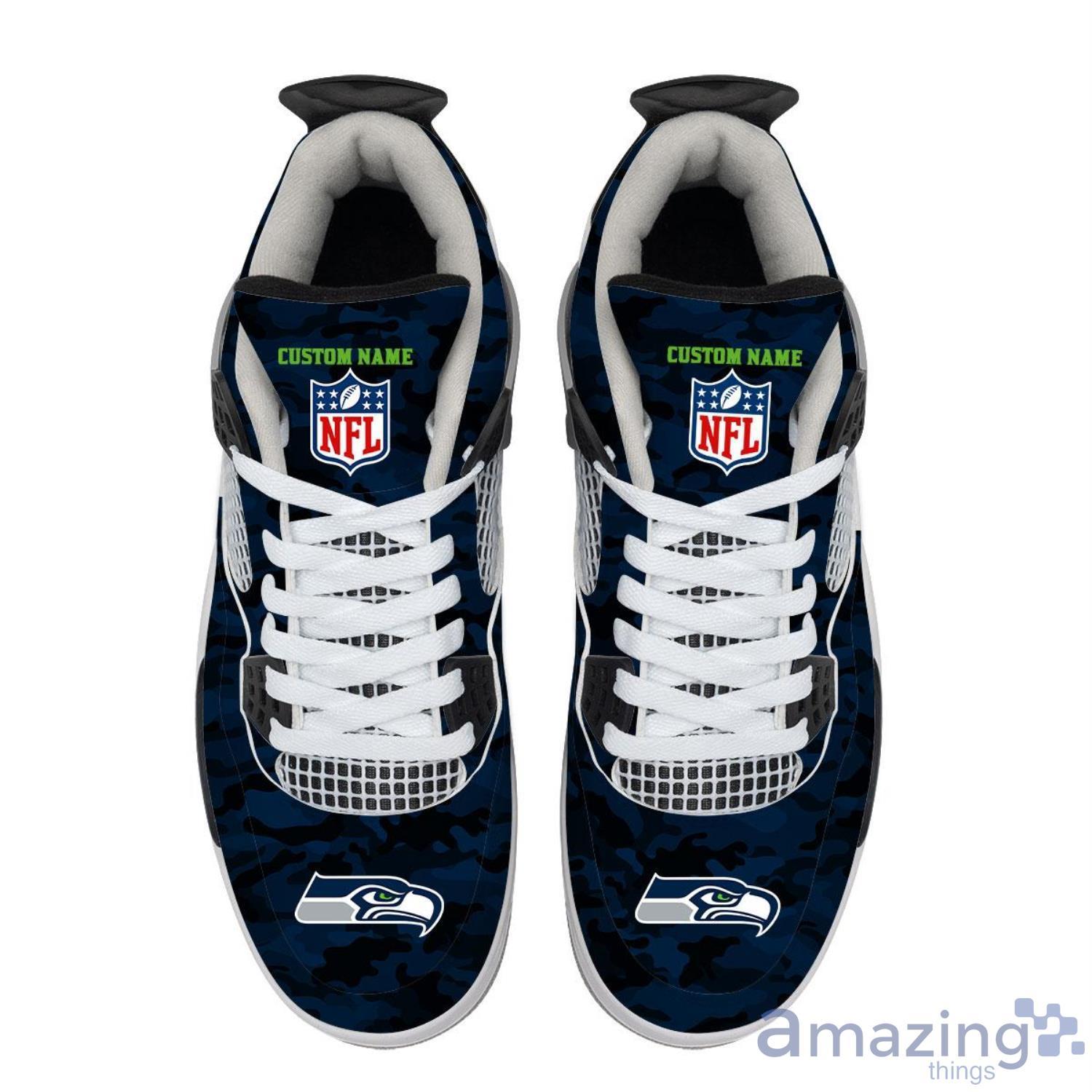 Personalized Name Seattle Seahawks Camo Personalized Air Jordan 4 Shoes Trending Men Women SneakersLogo Sport Team Shoes image Personalized Name Seattle Seahawks Camo Personalized Air Jordan 4 Shoes Trending Men Women SneakersLogo Sport Team Shoes Product Photo 3