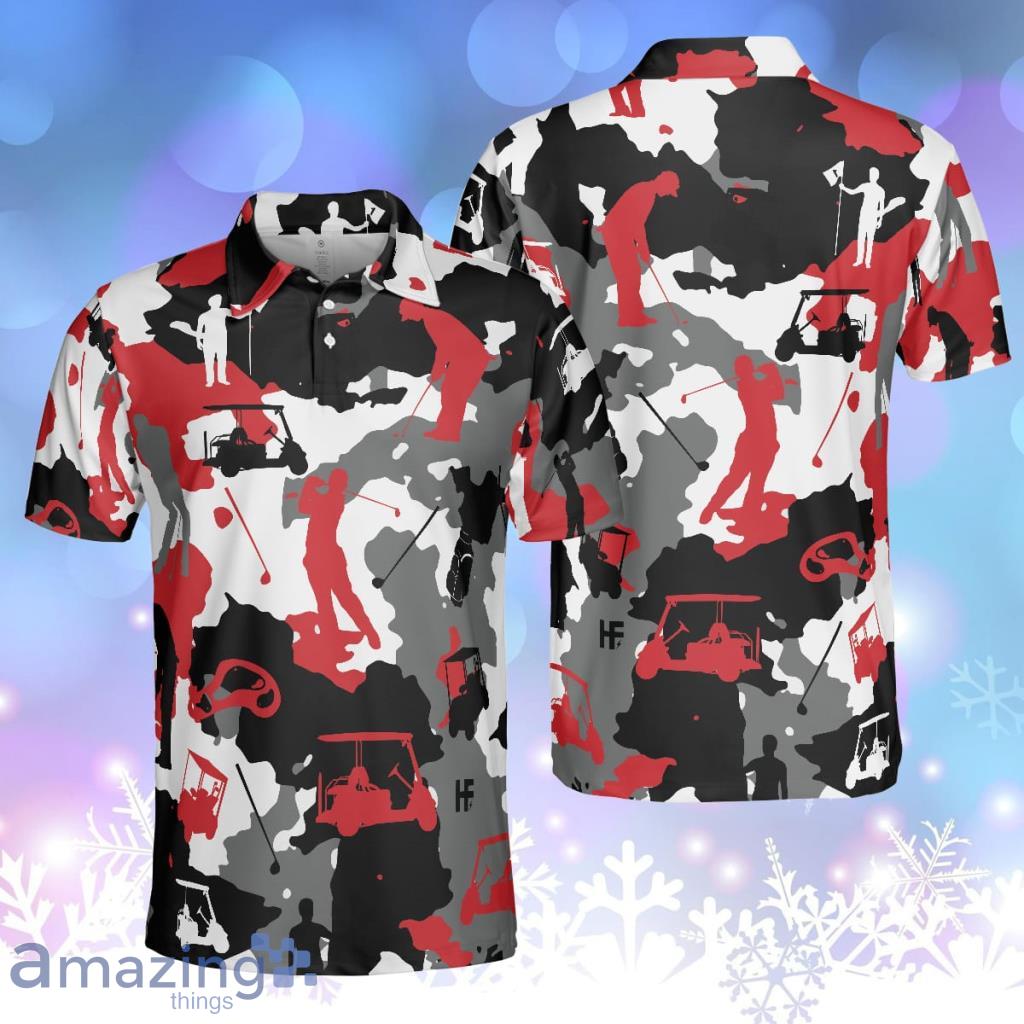 Red And White Camouflage Golf Golfer Silhouette Camo Personalized Polo Shirt image Red And White Camouflage Golf Golfer Silhouette Camo Personalized Polo Shirt Product Photo 1