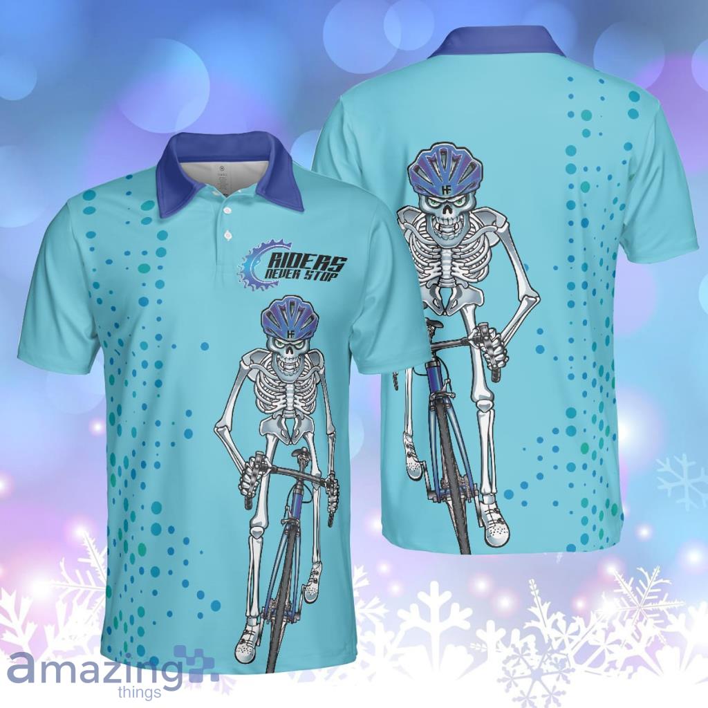 Riders Never Stop Skull Blue Skeleton Cyclist Best Cycling Personalized Polo Shirt image Riders Never Stop Skull Blue Skeleton Cyclist Best Cycling Personalized Polo Shirt Product Photo 1
