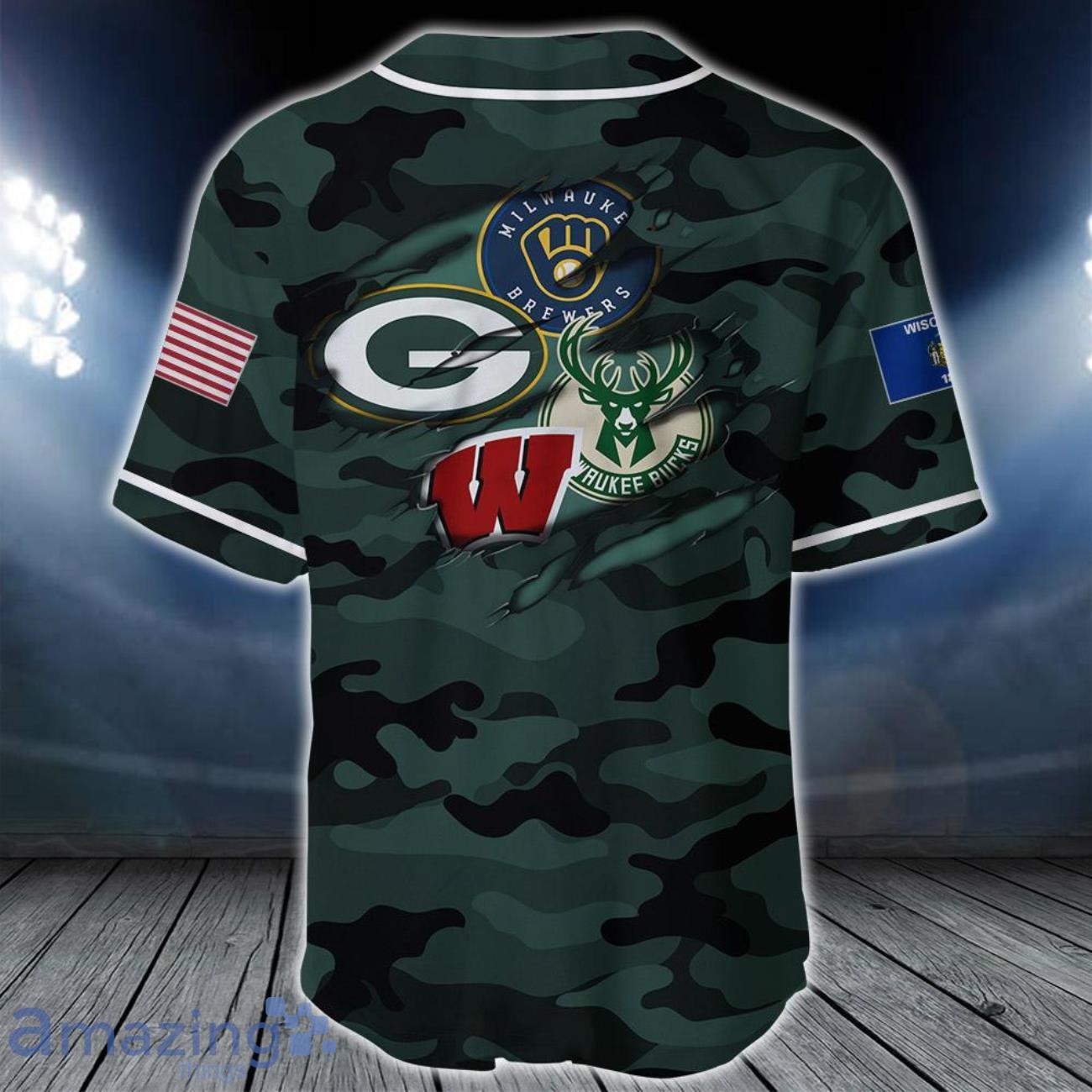 Sport Lover Wisconsin DARK GREEN CAMO jersey BaseBall Custom Name image Sport Lover Wisconsin DARK GREEN CAMO jersey BaseBall Custom Name Product Photo 2