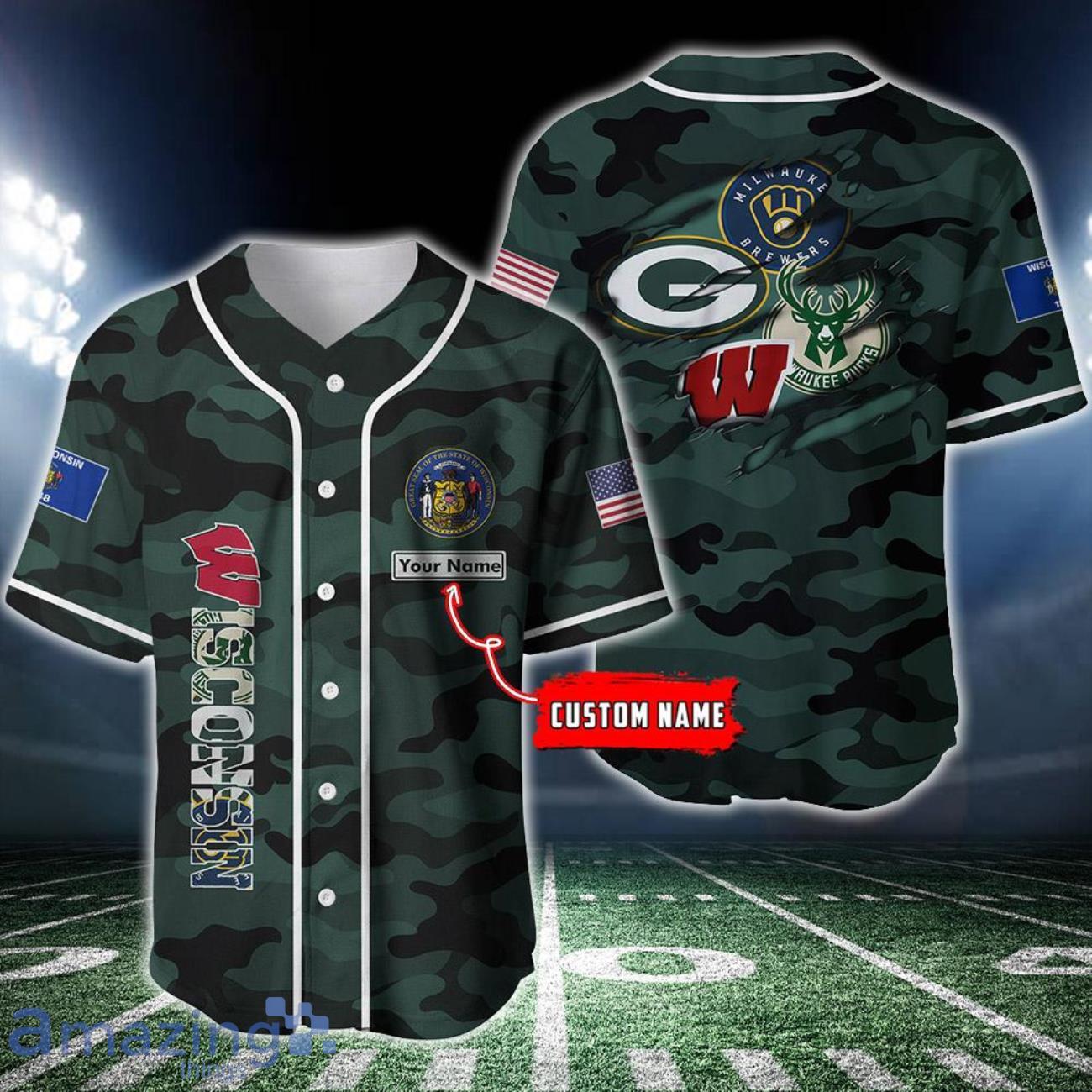 Sport Lover Wisconsin DARK GREEN CAMO jersey BaseBall Custom Name image Sport Lover Wisconsin DARK GREEN CAMO jersey BaseBall Custom Name Product Photo 1