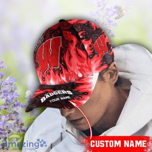 Wisconsin Badgers NCAA1 Fire Pattern 3D Cap Custom Name Special Gift For Fans Product Photo 2