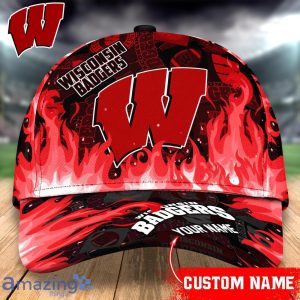 Wisconsin Badgers NCAA1 Fire Pattern 3D Cap Custom Name Special Gift For Fans Product Photo 1