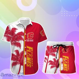 Calgary Flames Hawaiian Shirt And Short Palm Tree Custom Name Product Photo 1