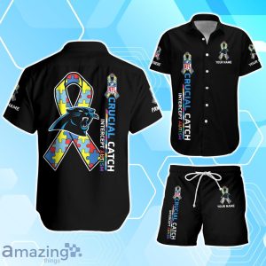 Carolina Panthers Hawaiian Shirt & Short Crucial Catch Intercept Autism Custom Name Product Photo 1