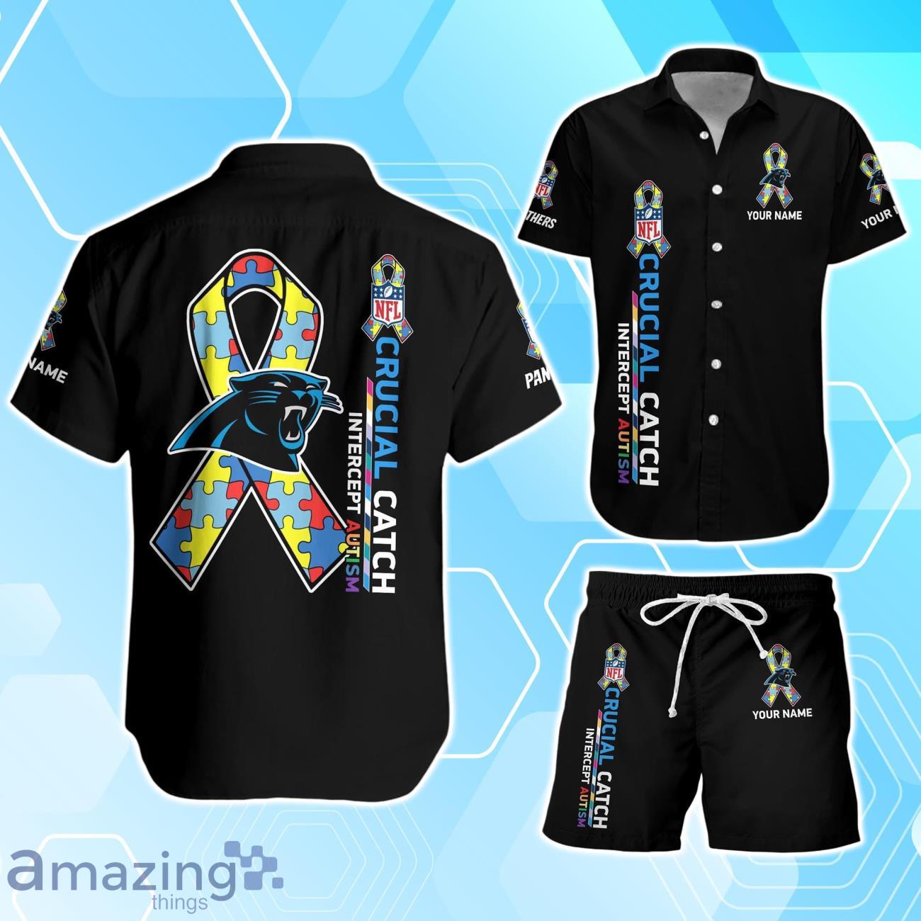 Carolina Panthers Hawaiian Shirt & Short Crucial Catch Intercept Autism Custom Name image Carolina Panthers Hawaiian Shirt & Short Crucial Catch Intercept Autism Custom Name Product Photo 1