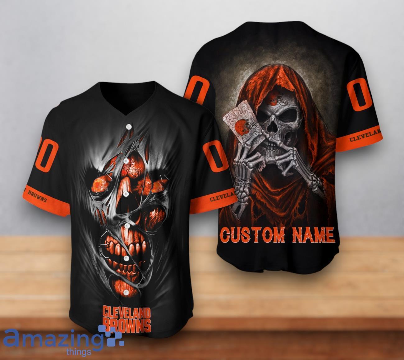 Cleveland Browns NFL Custom Number & Name Skull 3D Baseball Jersey image Cleveland Browns NFL Custom Number & Name Skull 3D Baseball Jersey Product Photo 1