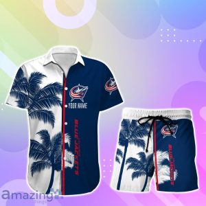 Columbus Blue Jackets Hawaiian Shirt And Short Palm Tree Custom Name Product Photo 1