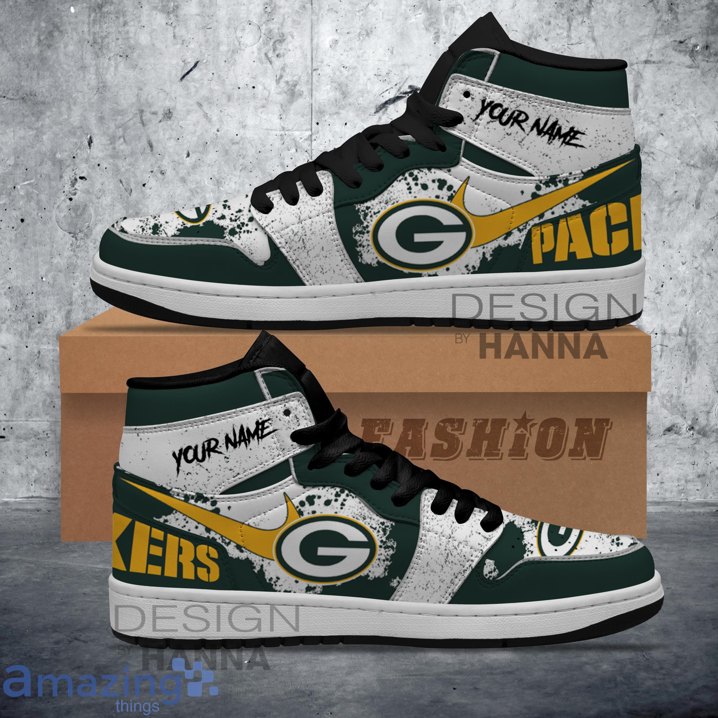 Custom Name Shoes NFL Green Bay Packers Paint Splash Texture Air Jordan Hightop Shoes image Custom Name Shoes NFL Green Bay Packers Paint Splash Texture Air Jordan Hightop Shoes Product Photo 1