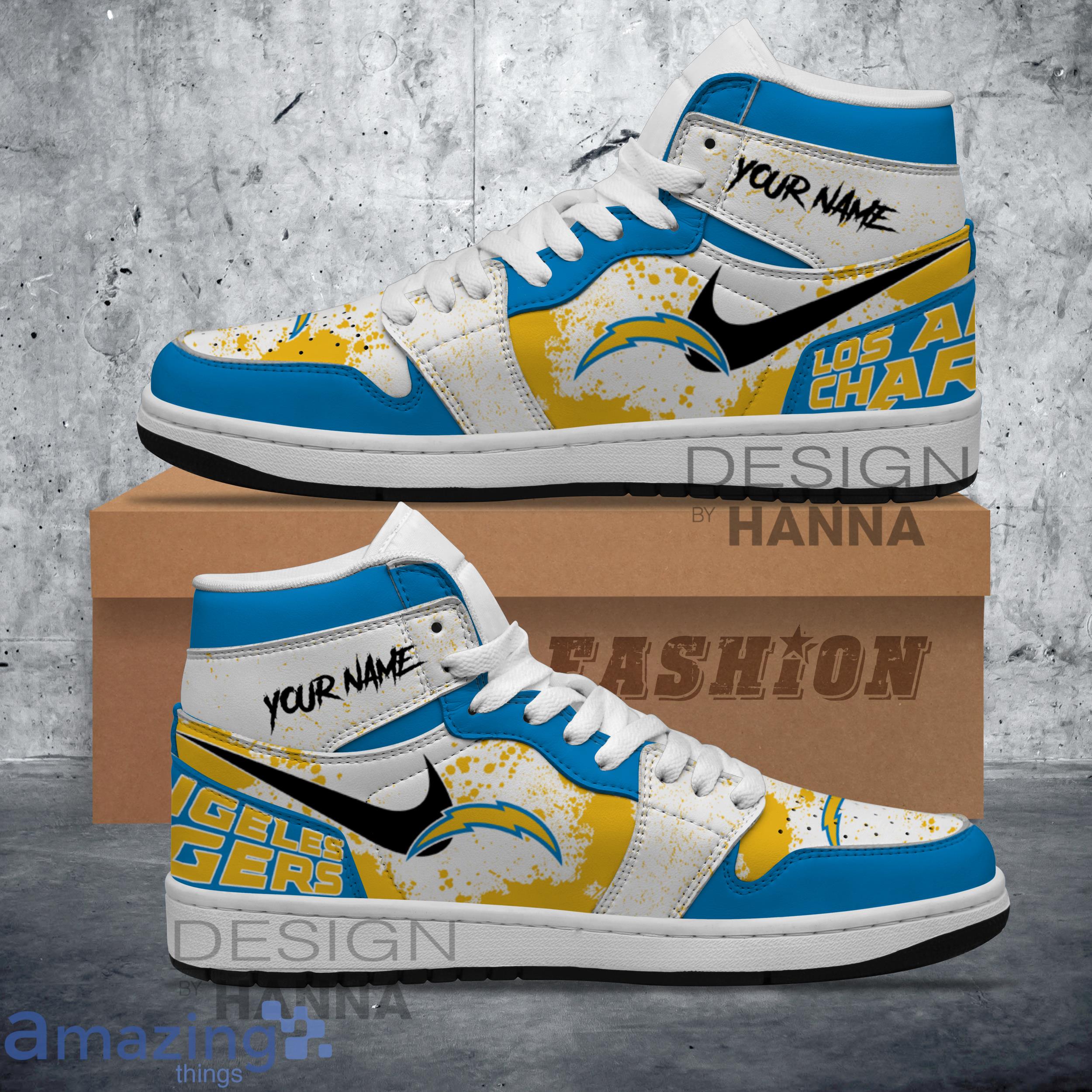 Custom Name Shoes NFL Los Angeles Chargers Paint Splash Texture Air Jordan Hightop Shoes image Custom Name Shoes NFL Los Angeles Chargers Paint Splash Texture Air Jordan Hightop Shoes Product Photo 1