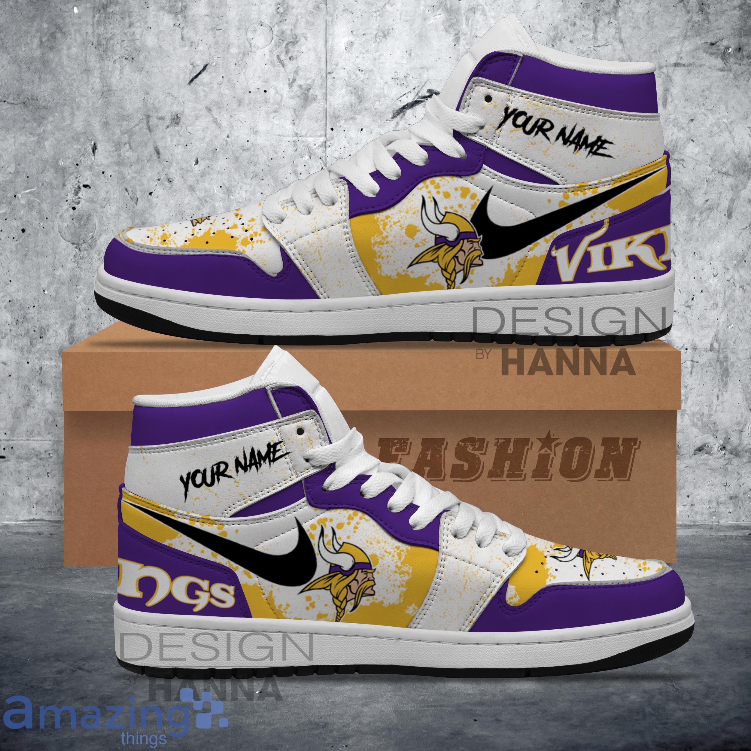 Custom Name Shoes NFL Minnesota Vikings Paint Splash Texture Air Jordan Hightop Shoes image Custom Name Shoes NFL Minnesota Vikings Paint Splash Texture Air Jordan Hightop Shoes Product Photo 1