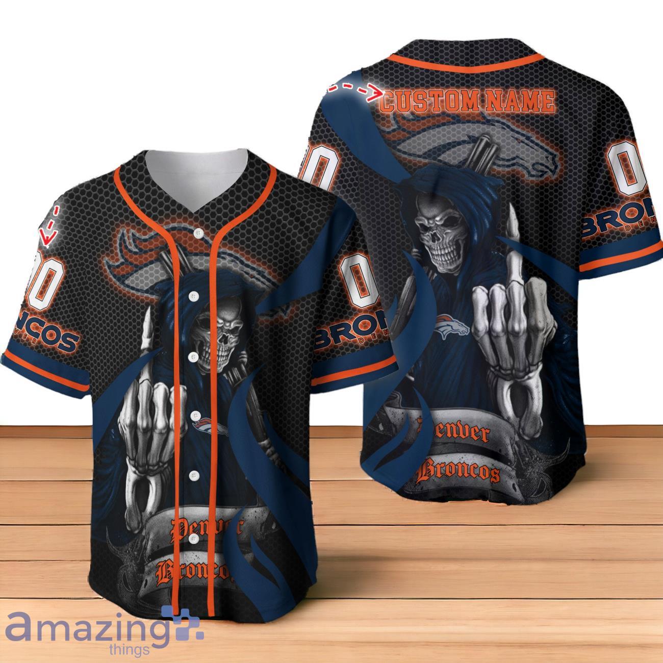 Denver Broncos NFL Skull Custom Number & Name Baseball Jersey For Fans image Denver Broncos NFL Skull Custom Number & Name Baseball Jersey For Fans Product Photo 1