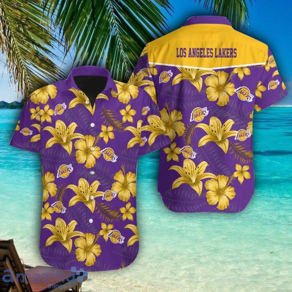 Los Angeles Lakers Lily And Hibicus Flower Pattern Tropical Hawaiian Shirt Men Women Beach Shirt Product Photo 1