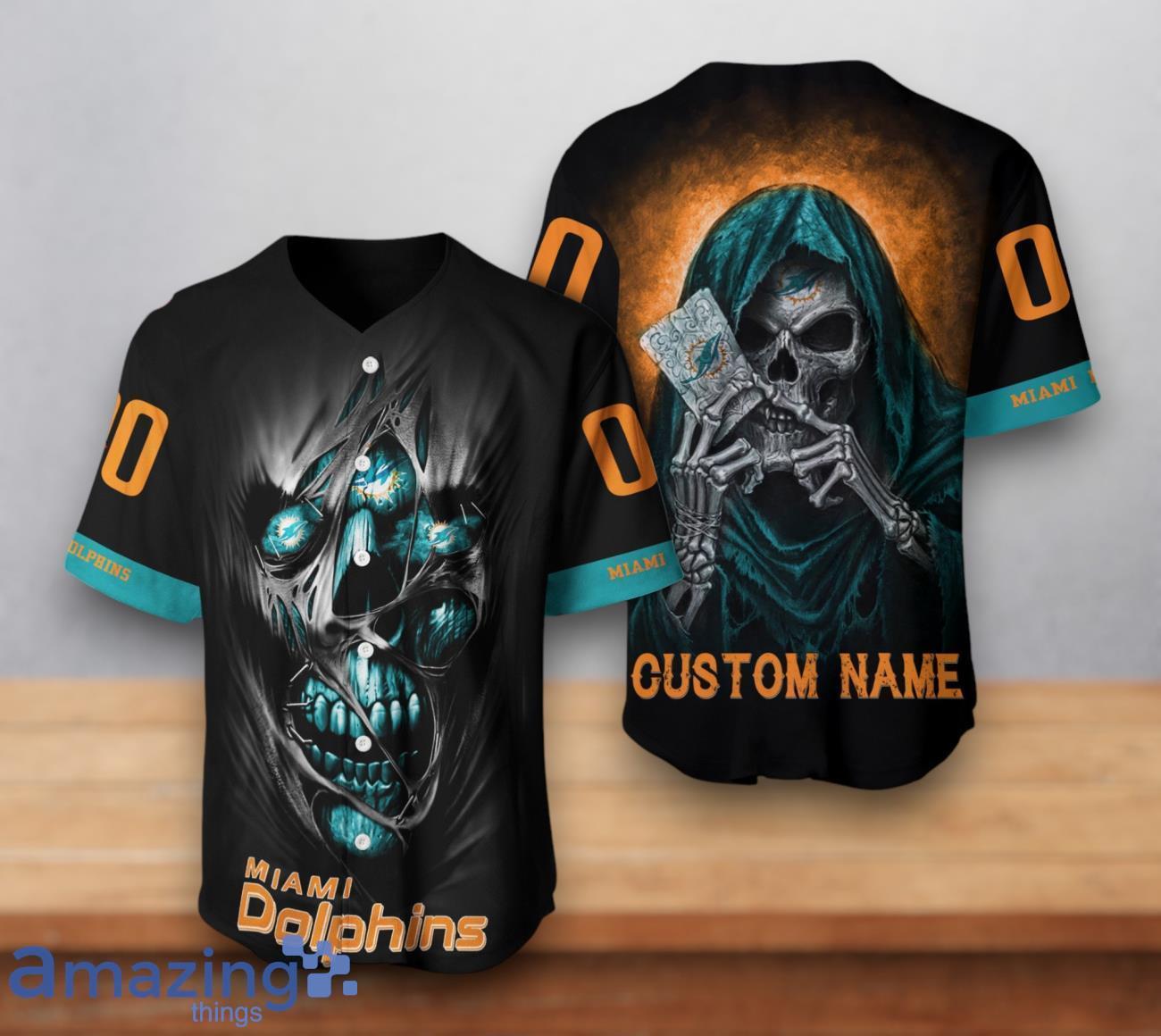 Miami Dolphins NFL Custom Number & Name Skull 3D Baseball Jersey image Miami Dolphins NFL Custom Number & Name Skull 3D Baseball Jersey Product Photo 1