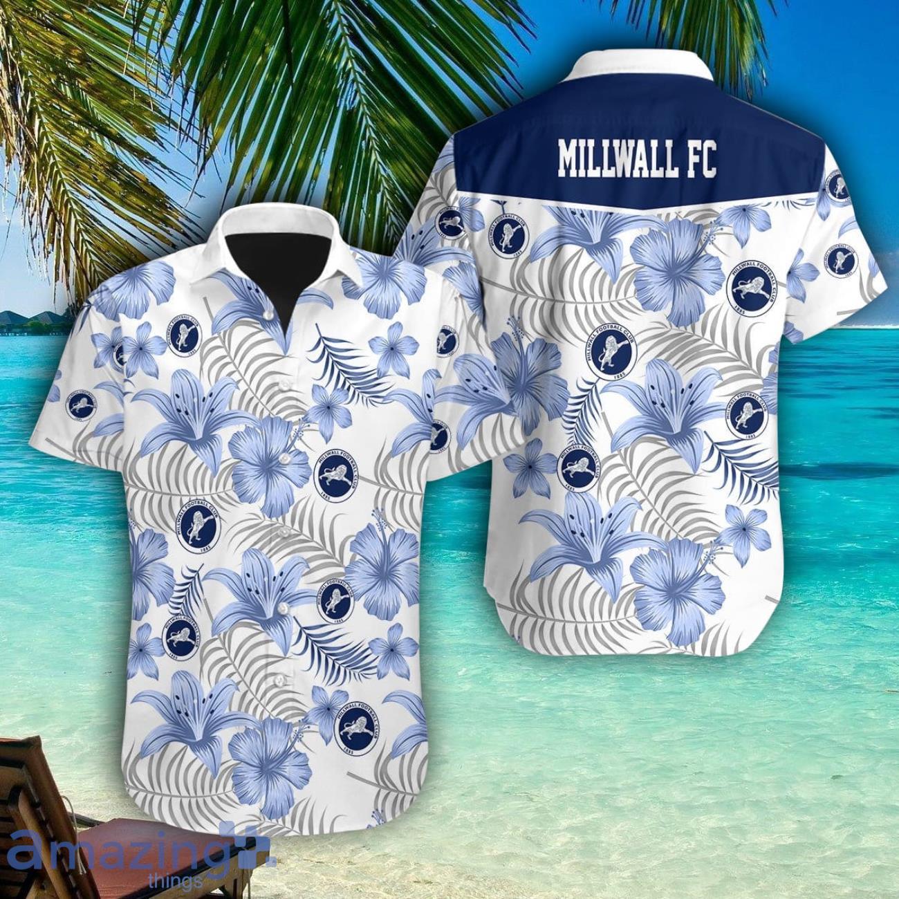 Millwall FC Lily And Hibicus Flower Pattern Tropical Hawaiian Shirt Men Women Beach Shirt image Millwall FC Lily And Hibicus Flower Pattern Tropical Hawaiian Shirt Men Women Beach Shirt Product Photo 1