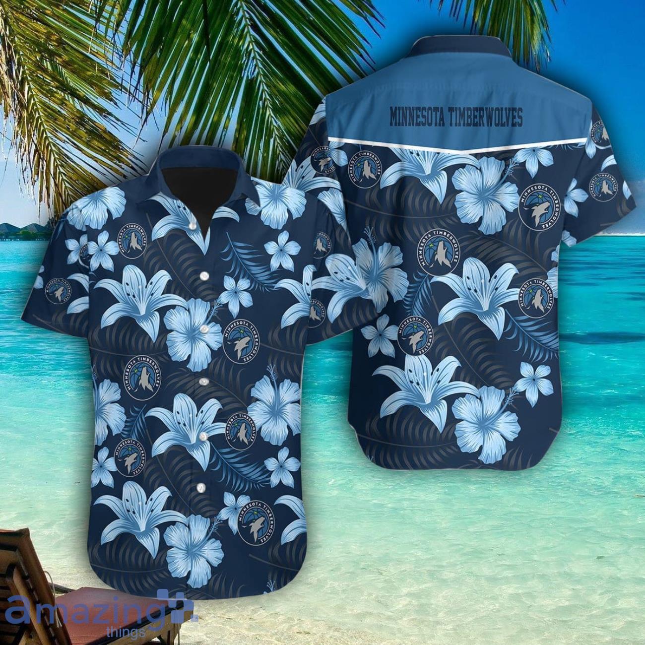 Minnesota Timberwolves Lily And Hibicus Flower Pattern Tropical Hawaiian Shirt Men Women Beach Shirt image Minnesota Timberwolves Lily And Hibicus Flower Pattern Tropical Hawaiian Shirt Men Women Beach Shirt Product Photo 1