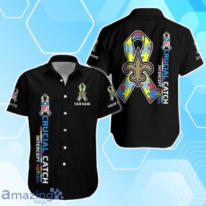 New Orleans Saints Hawaiian Shirt & Short Crucial Catch Intercept Autism Custom Name Product Photo 2