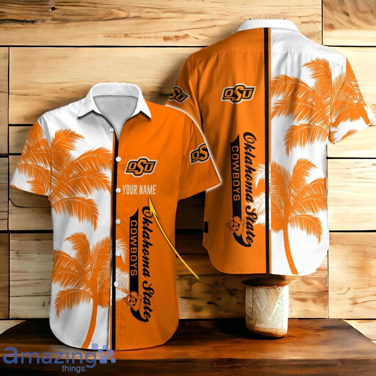 Oklahoma State Cowboys Hawaiian Shirt And Short Palm Tree Custom Name image Oklahoma State Cowboys Hawaiian Shirt And Short Palm Tree Custom Name Product Photo 2