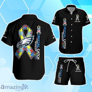 Philadelphia Eagles Hawaiian Shirt & Short Crucial Catch Intercept Autism Custom Name Product Photo 1