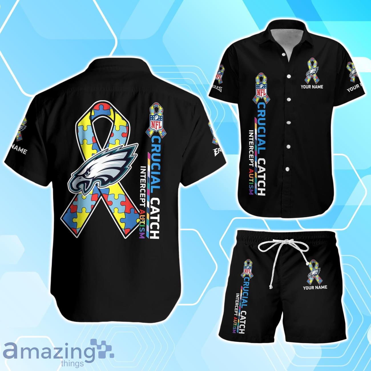 Philadelphia Eagles Hawaiian Shirt & Short Crucial Catch Intercept Autism Custom Name image Philadelphia Eagles Hawaiian Shirt & Short Crucial Catch Intercept Autism Custom Name Product Photo 1