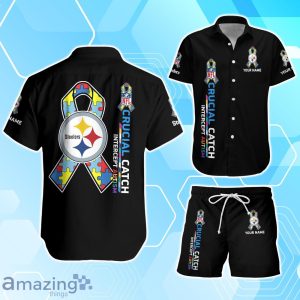 Pittsburgh Steelers Hawaiian Shirt & Short Crucial Catch Intercept Autism Custom Name Product Photo 1