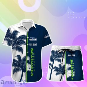 Seattle Seahawks Hawaiian Shirt And Short Palm Tree Custom Name Product Photo 1