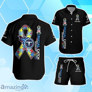 Tennessee Titans Hawaiian Shirt & Short Crucial Catch Intercept Autism Custom Name Product Photo 1