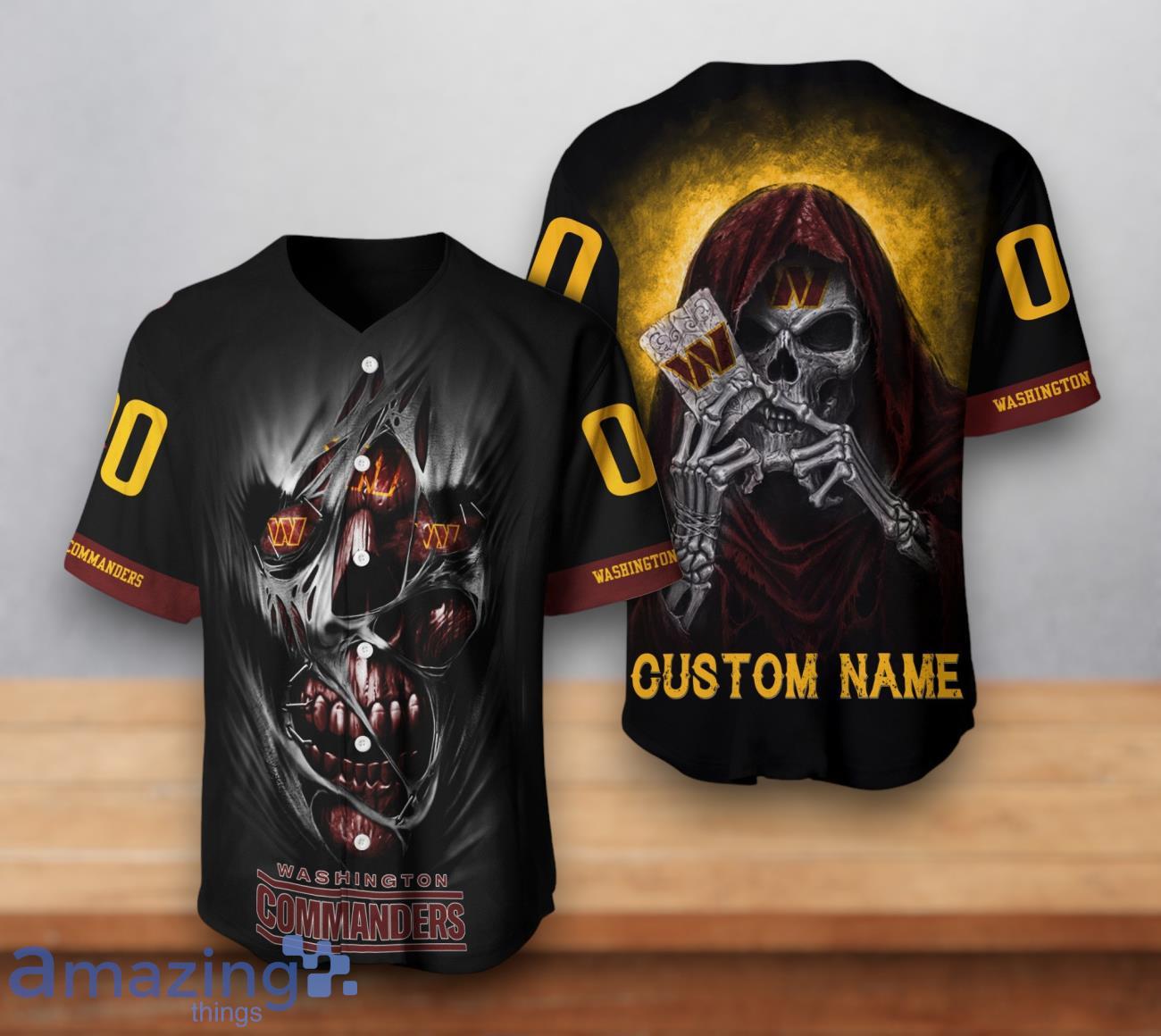 Washington Commanders NFL Custom Number & Name Skull 3D Baseball Jersey image Washington Commanders NFL Custom Number & Name Skull 3D Baseball Jersey Product Photo 1