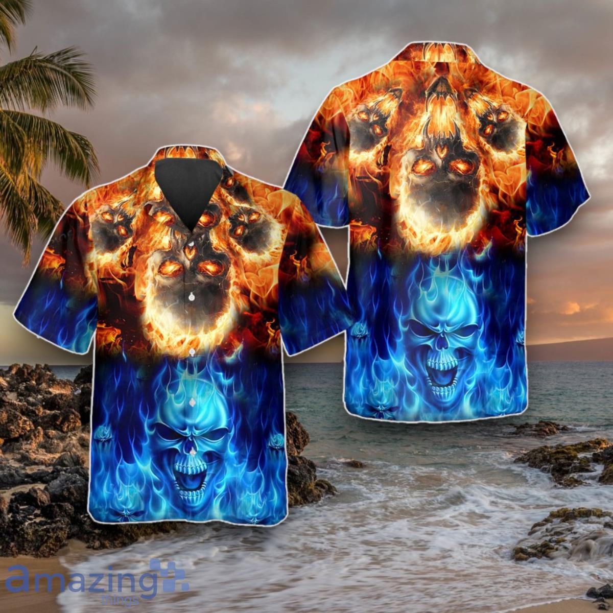 Blue Fire Skull Hawaiian Shirt Style Gift For Men And Women image Blue Fire Skull Hawaiian Shirt Style Gift For Men And Women Product Photo 1