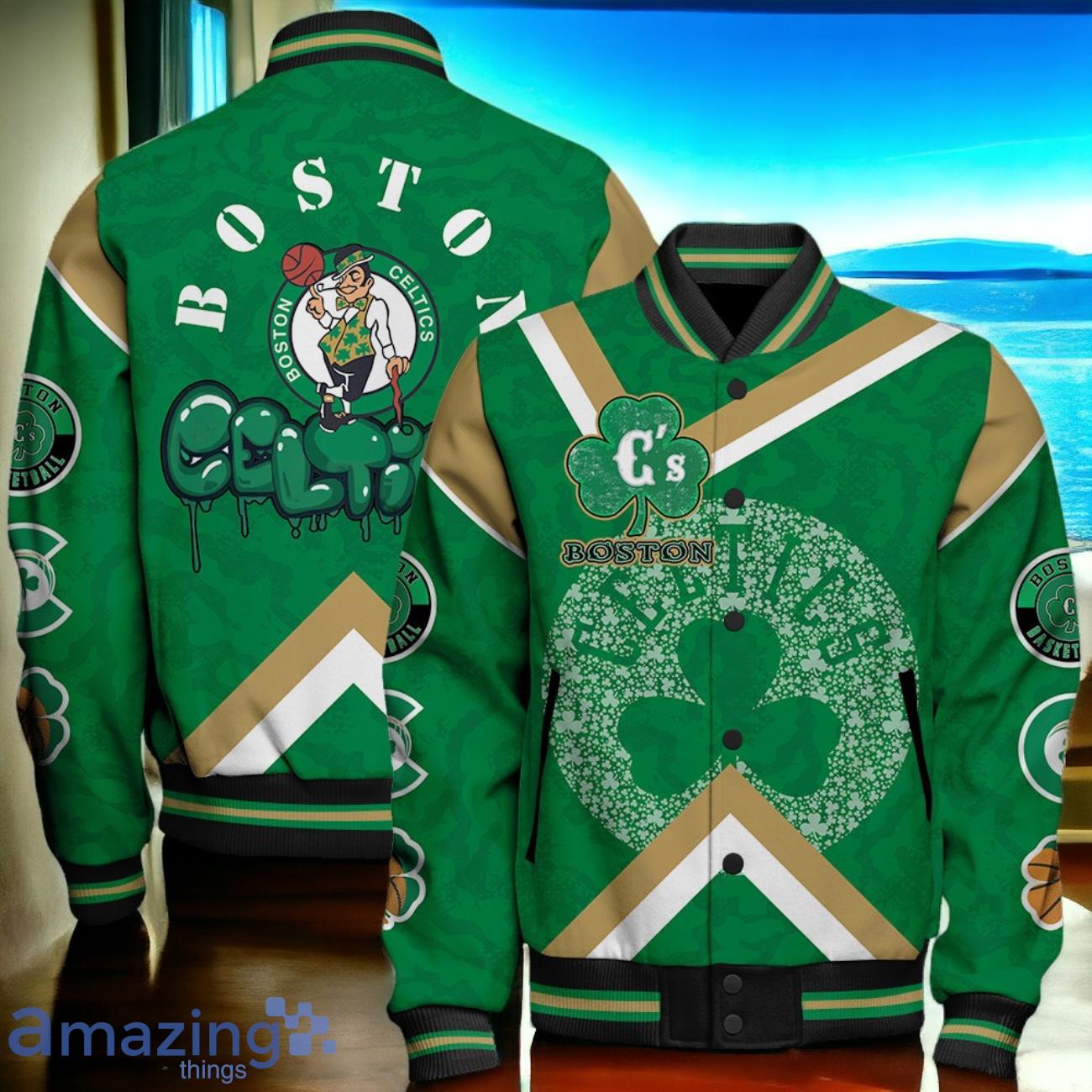 Boston Celtics Basketball Patrick's Day Art Design Baseball Jacket Product Photo 1